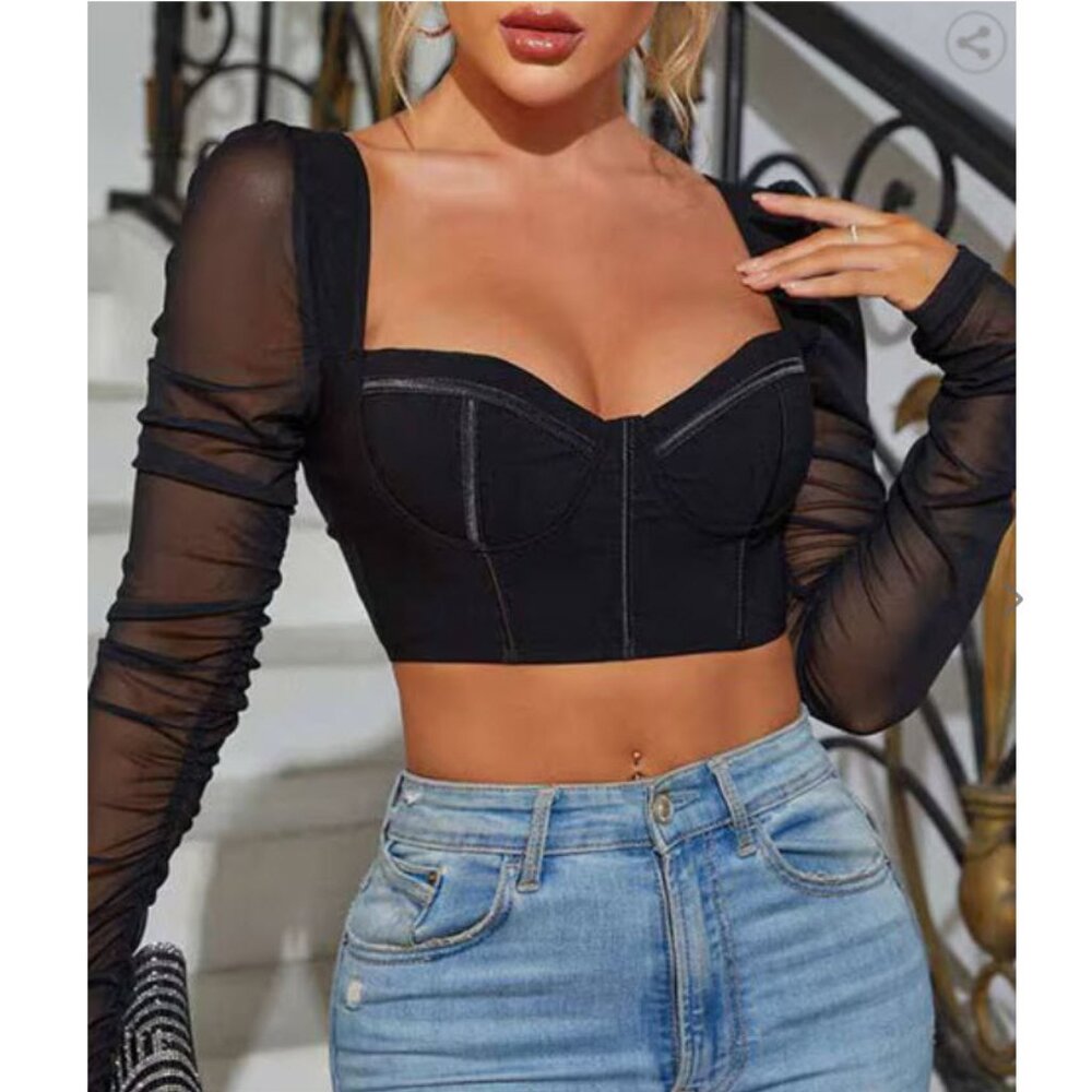 Elegant Black Sheer Sleeve Crop Top